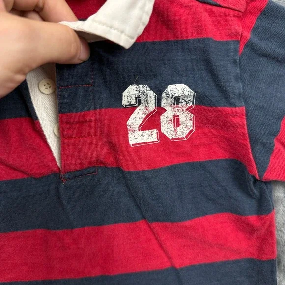 Old Navy Rugby Polo Shirt Baby 2T Red Navy Blue Striped Long Sleeve Graphic - Picture 2 of 7